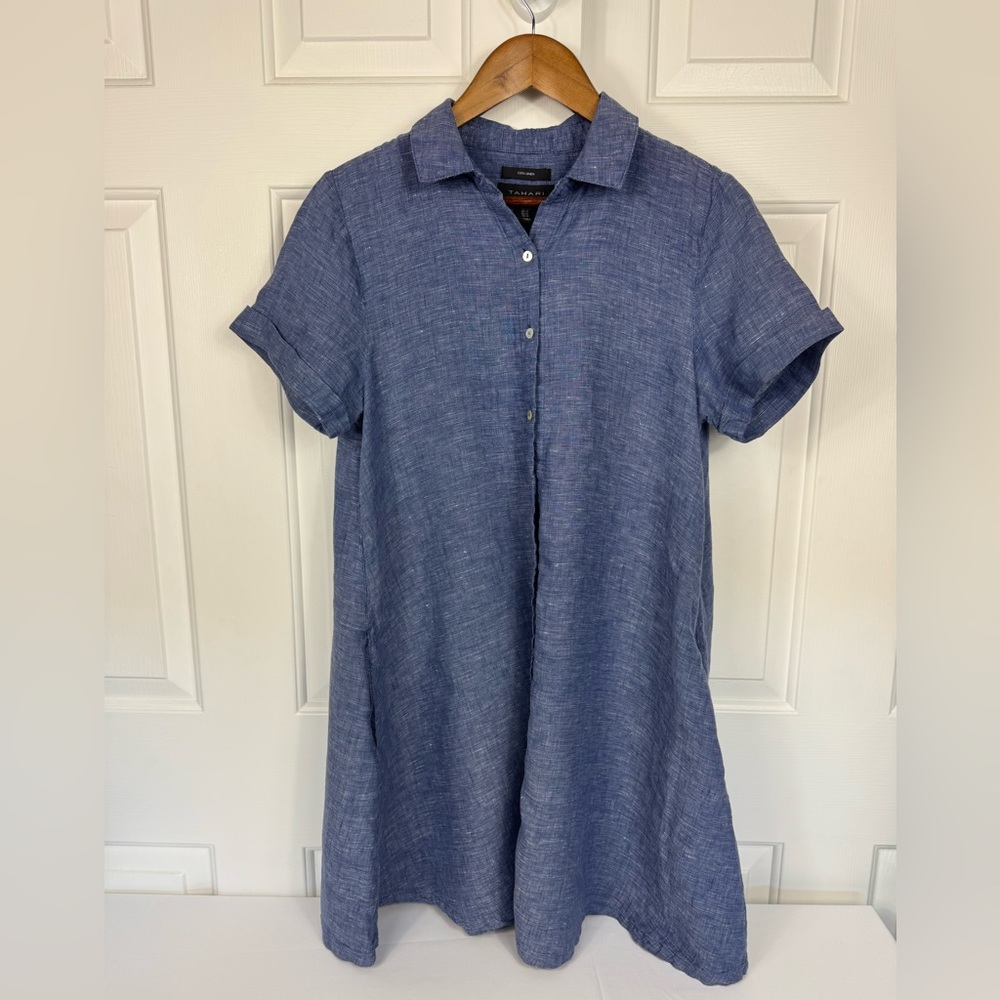 TAHARI Sz M Shirt Dress Blue Linen A Line Collared Short Sleeve Button Down